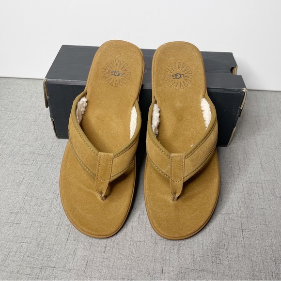 UGG Seaside Suede & Sherpa Flip Flop Sandal Tasmania Tan Sandals Nwt 11 - Picture 2 of 10